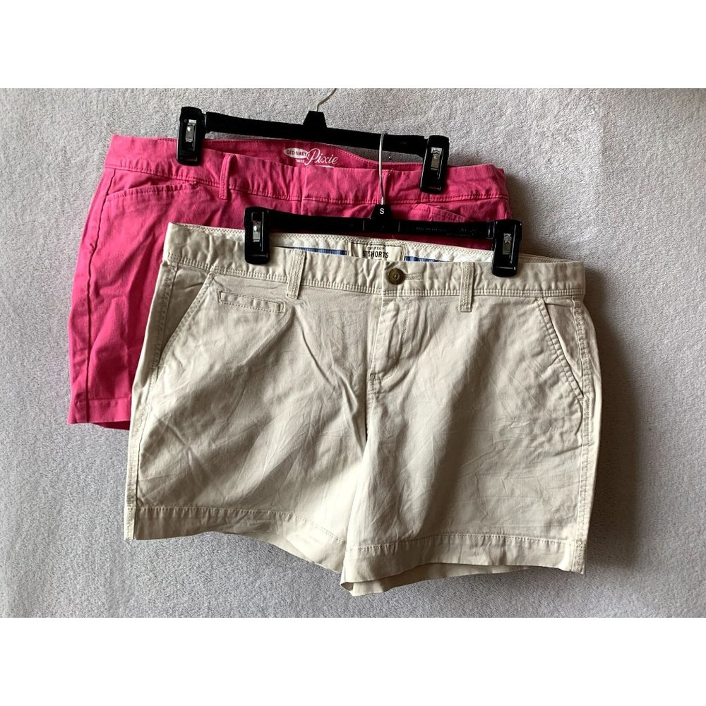 Bundle of 2 Women's Tan Khaki and Pink Jean Shorts Size 14 Waist 18-19"